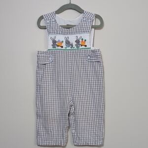 Lil Cactus Baby Boy Toddler Gray Gingham Easter Bunny Smocked Overalls 12-18 Mo.